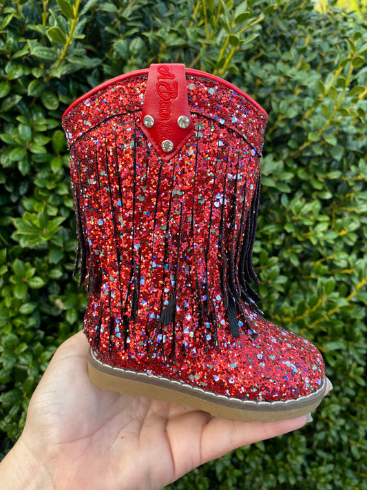 RTS Glow Red Glitter Fringe Dolly Boot