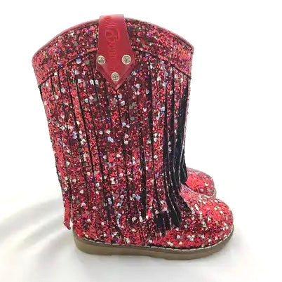 RTS Glow Red Glitter Fringe Dolly Boot