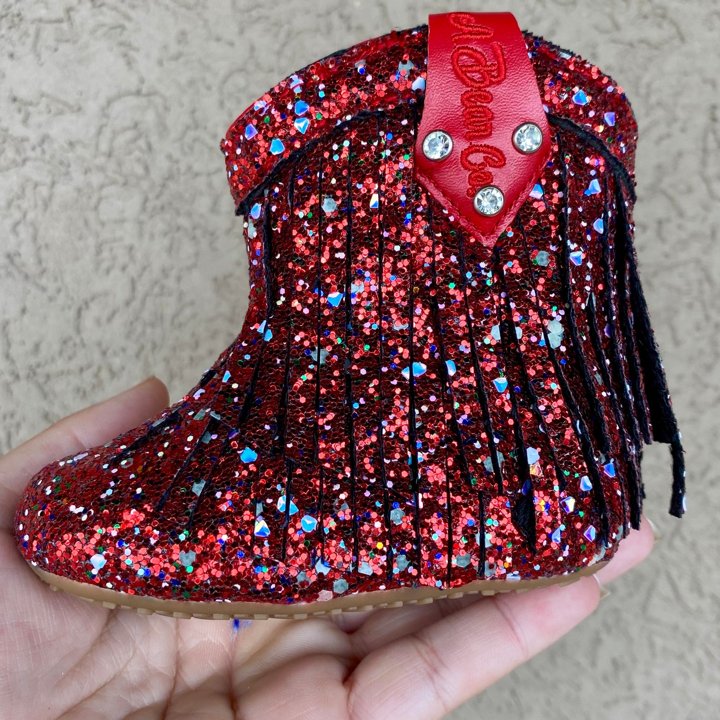 RTS Glow Red Glitter Fringe Dolly Boot