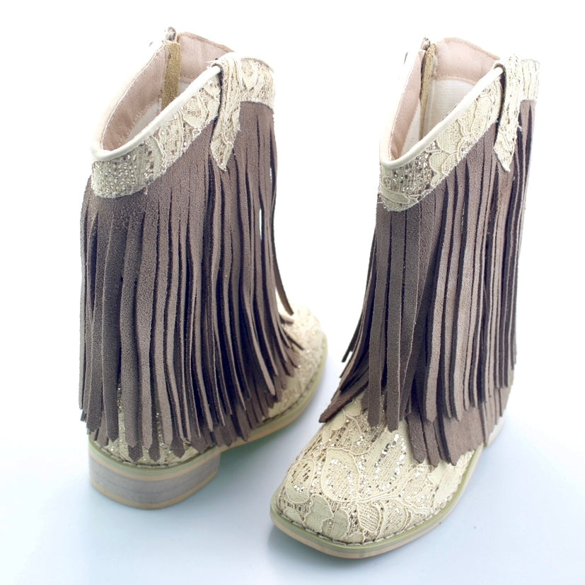 Preorder Latte Lace Glitter Brown Suede Fringe Cowgirl