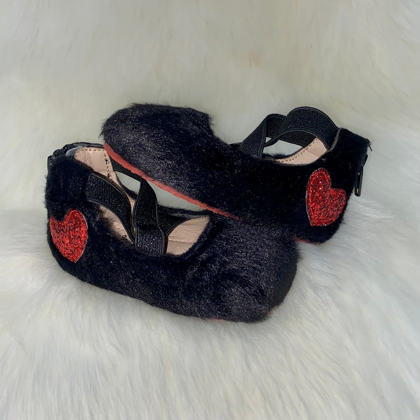 RTS Black Fur HEART Ballerinas (SIZES 4,5)